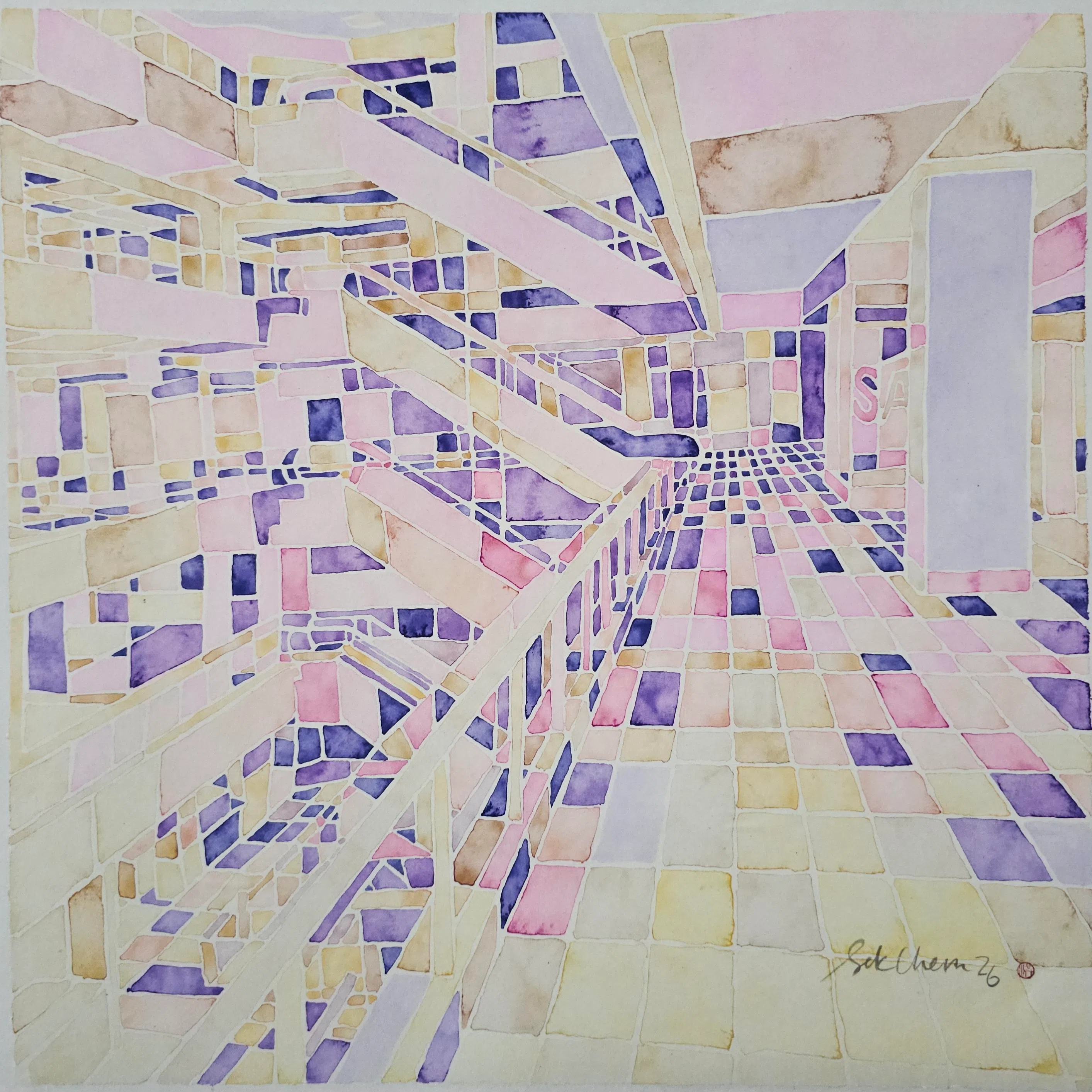 洪雪珍水墨画“Mauveine Centrepoint”空无一人。（洪雪珍提供）