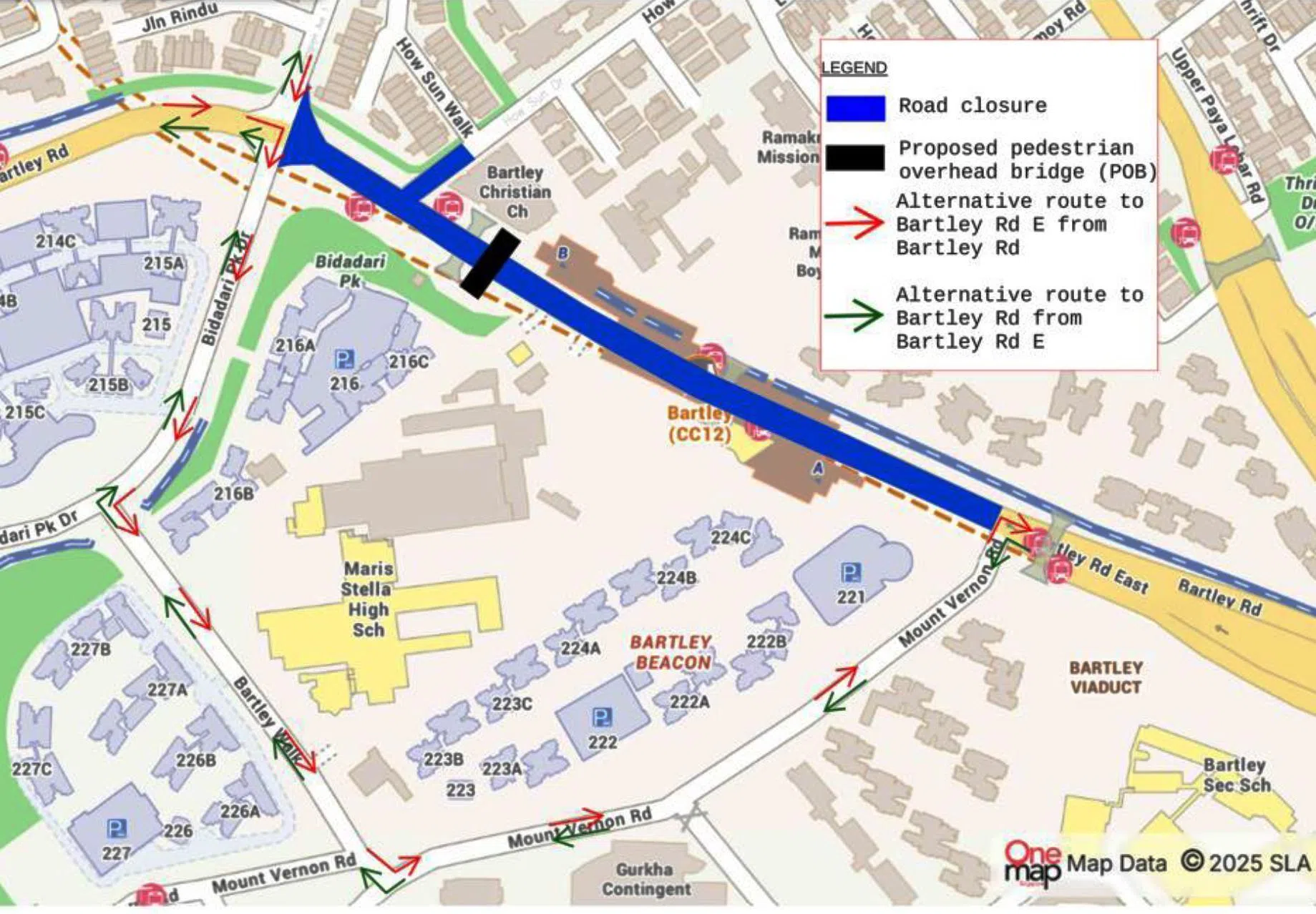 根据建屋发展局星期三（3月25日）的文告，临时封路是为了配合在巴特礼基督教会（Bartley Christian Church）附近新建人行天桥。（建屋发展局提供）