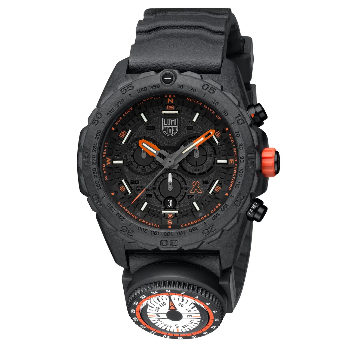雷美诺时限量版Bear Grylls Survival MASTER LM3741.BO.N，配有可拆卸指南针。（雷美诺时提供）