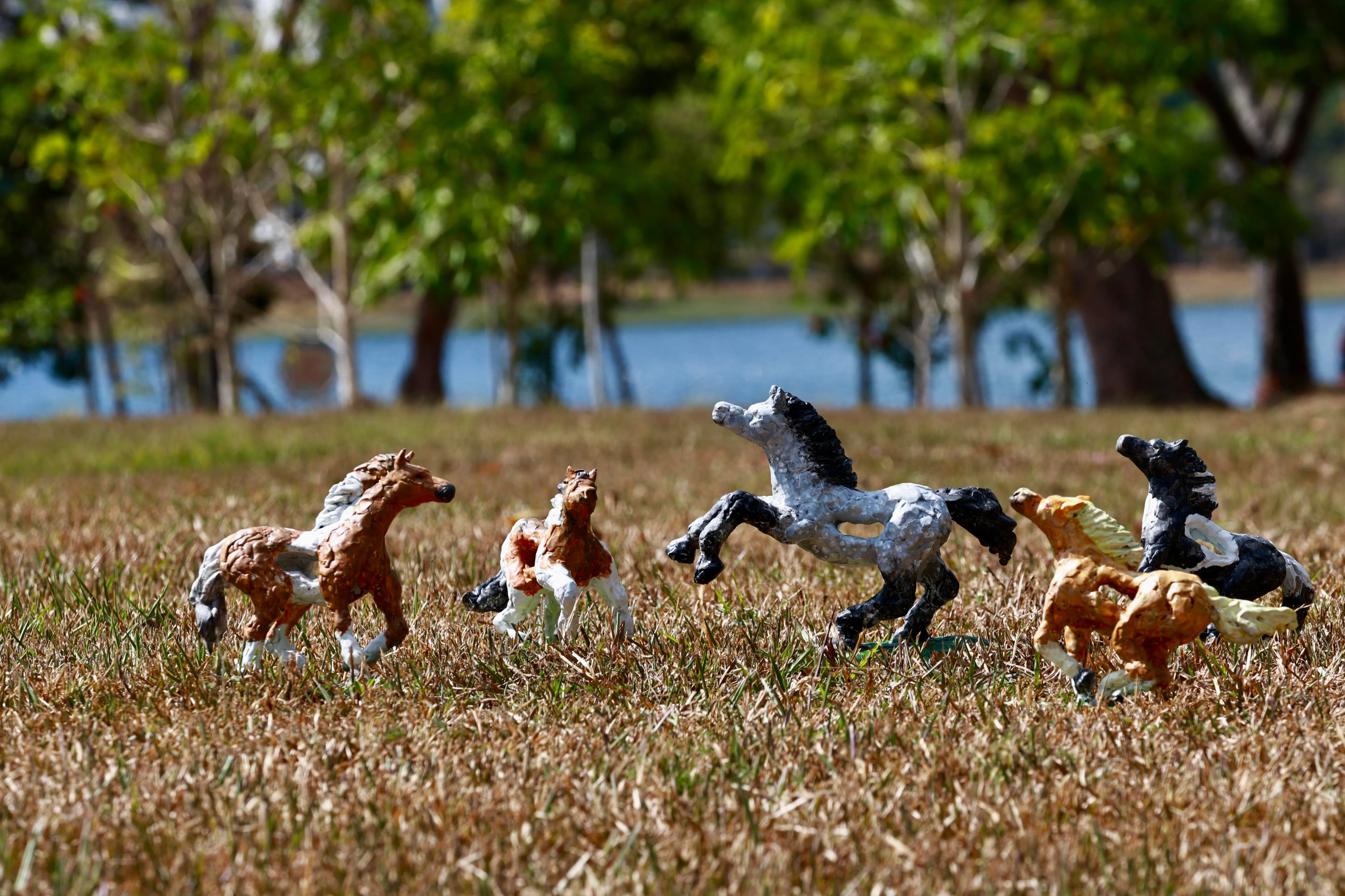 蔡汶家的五匹马雕塑在草地奔驰，中间匹马为悬崖勒马。（特约摄影陈来福）