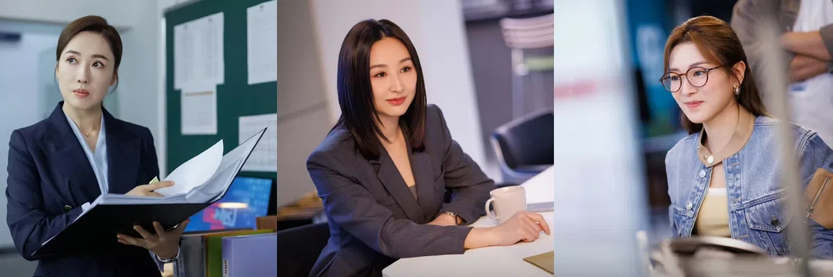 面对新闻室的权斗，李施嬅（左起）、高海宁和王敏奕在《新2》各有不同的应对方式。（取自剧集微博）