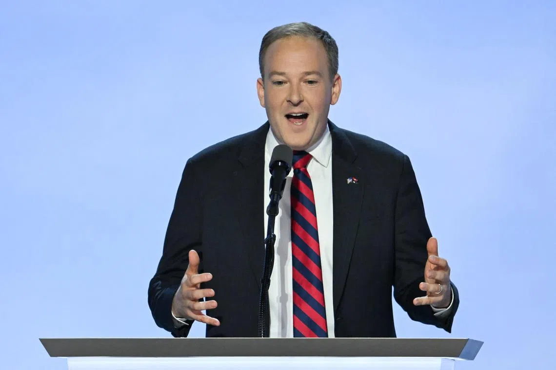 7月17日，纽约州前共和党众议员李·泽尔丁在威斯康星州密尔沃基举行的2024年共和党全国代表大会上发表讲话。（法新社）