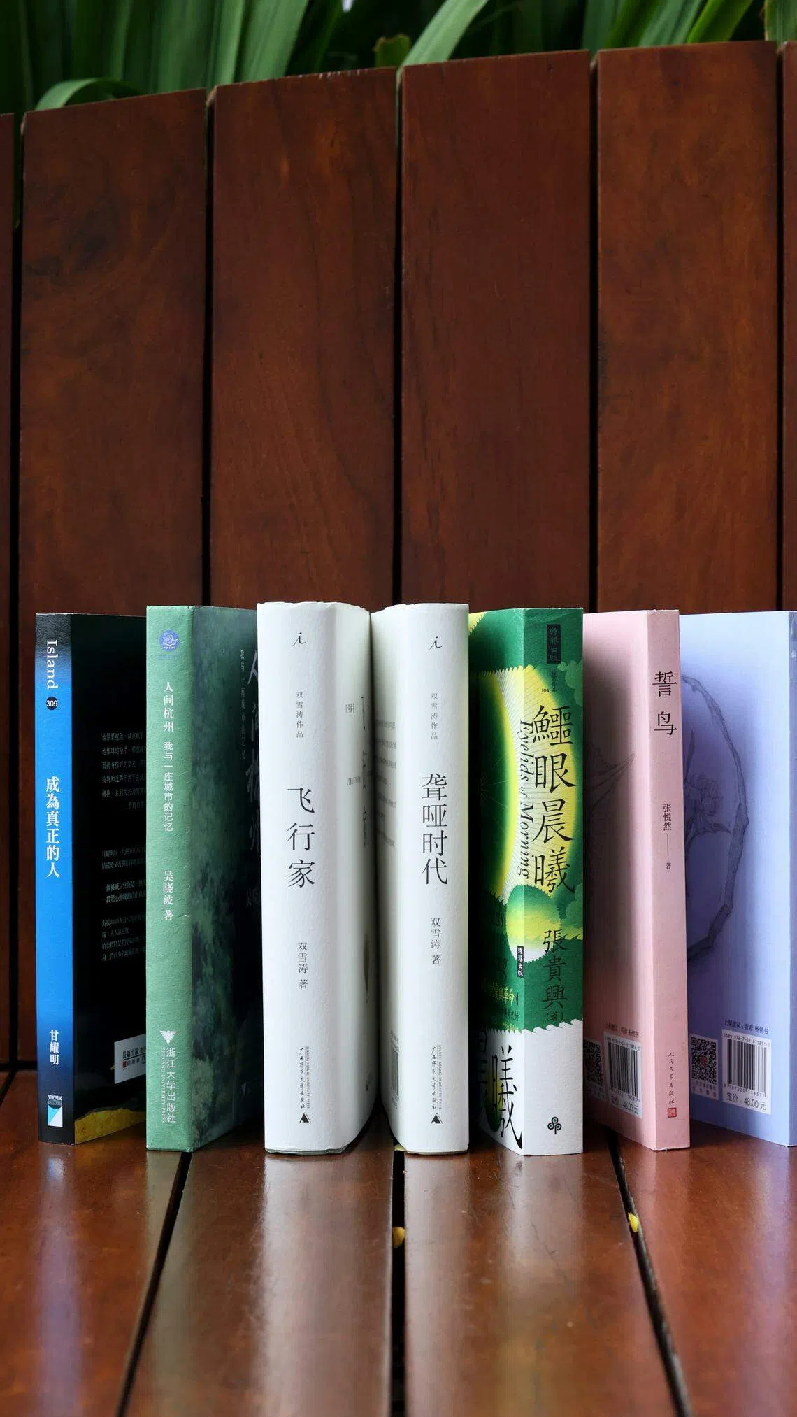 文学节受邀作家甘耀明、吴晓波、双雪涛、张贵兴与张悦然的部分作品。（龙国雄摄）