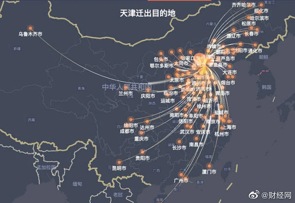 《健康时报》根据百度迁徙地图报道称，天津疫情暴发前一周，天津迁出人口主要目的地集中在北京市、河北省的廊坊市、唐山市等。图上可见密集的迁出轨迹。（取自微博）