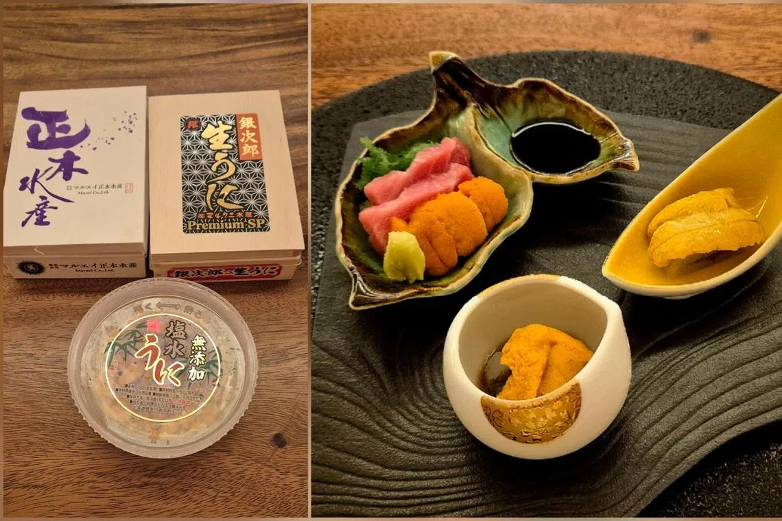 西信宏向顾客展示三个地区的海胆，搭配不同酱汁和时令海鲜。（陈爱薇摄）