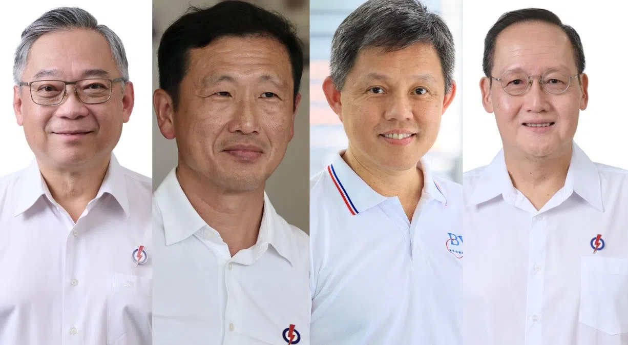 黄总理点名副总理颜金勇、卫生部长王乙康、教育部长陈振声和人力部长陈诗龙，强调他们是团队中的关键成员。（陈斌勤、龙国雄摄，以及人民行动党提供）