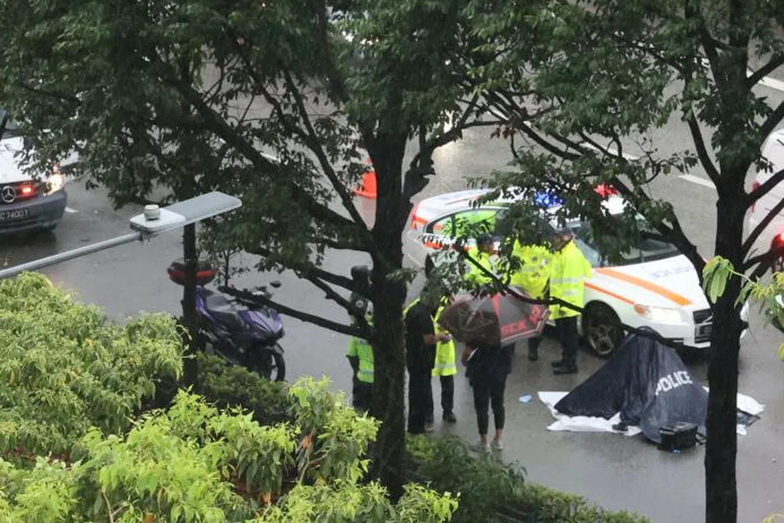 车祸发生后，两辆警车到场，警员在现场拉起白布，涉事的罗厘则停在距离事发地点约50米外。（蔡振鸿摄）