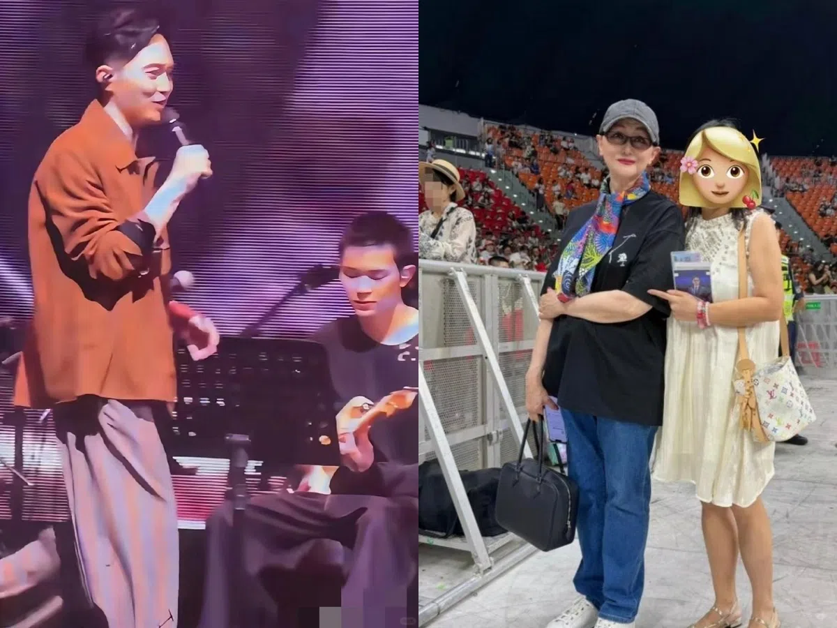张智霖（左图左）和儿子首同台演出，张妈妈（右图左）也来捧场，一家三代尽显高颜值。（互联网）
