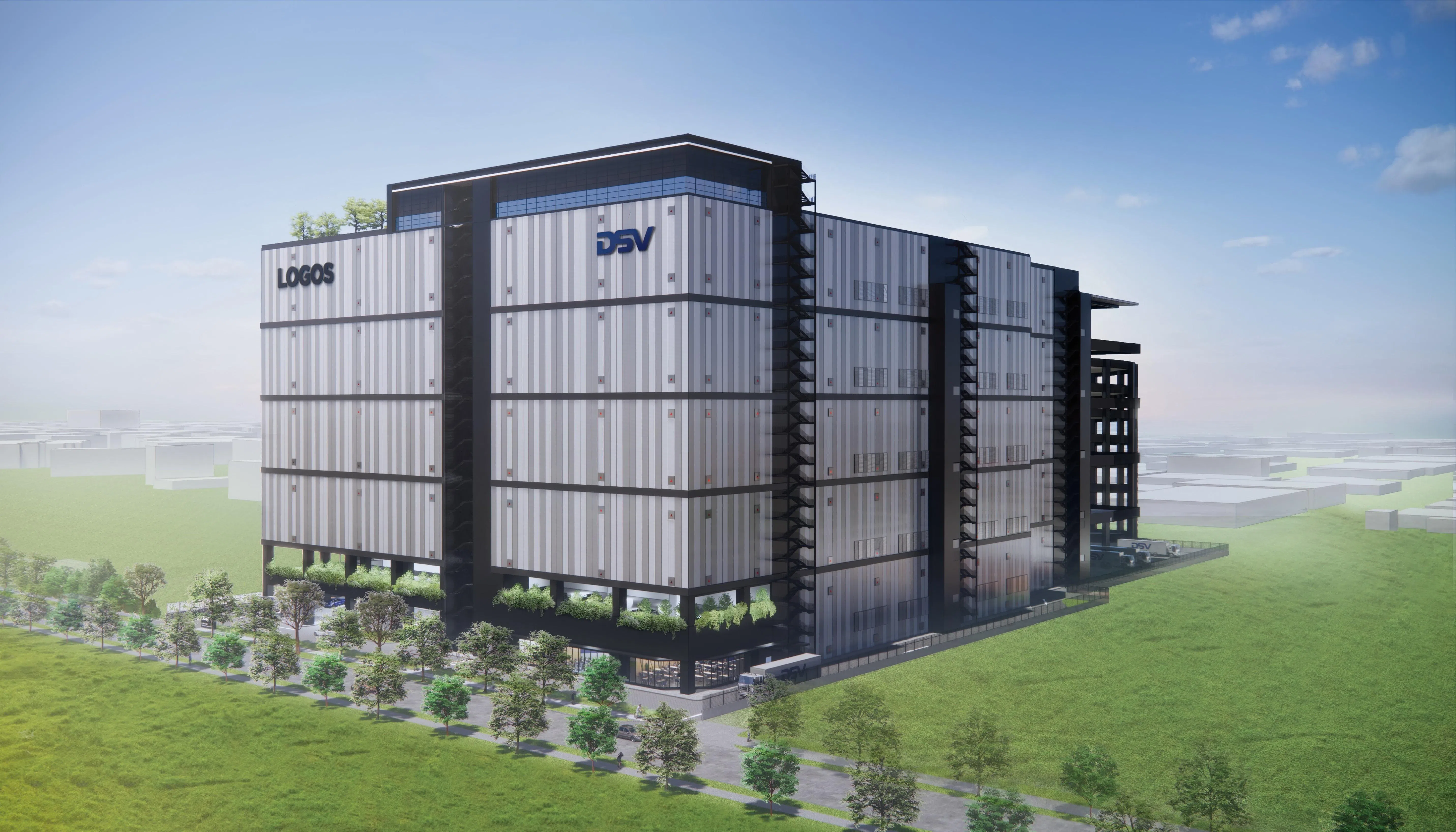新开发的物流设施项目DSV Pearl耗资2亿元，预计2025年中竣工。项目采用了太阳能供电、智能照明，以及综合能源管理和控制系统等多种减碳设计。图为设施的概念图。（DSV提供）