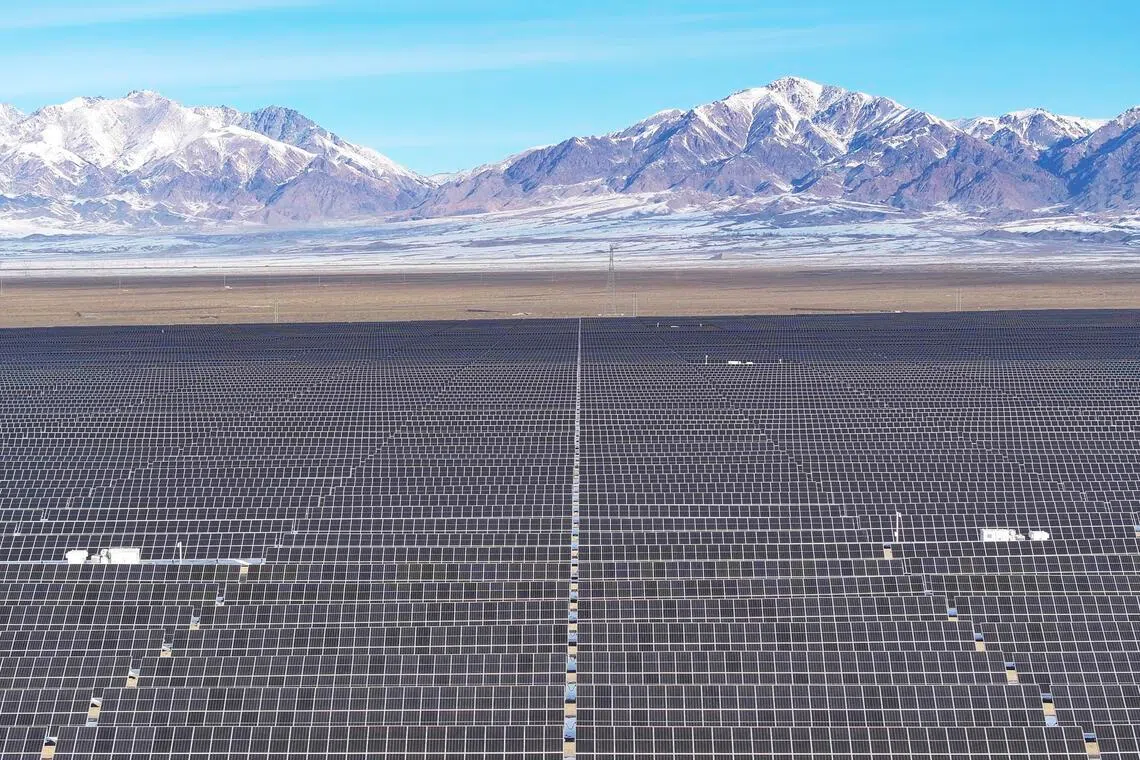 新疆已实现光伏和光热同步发电的技术突破，并通过特高压输电，每年向重庆输送约360亿度电，仅电力一项就为新疆带来巨大的利润空间和产业价值。图为2025年1月6日拍摄的新疆哈密市石城子光伏产业园一角。（新华社）