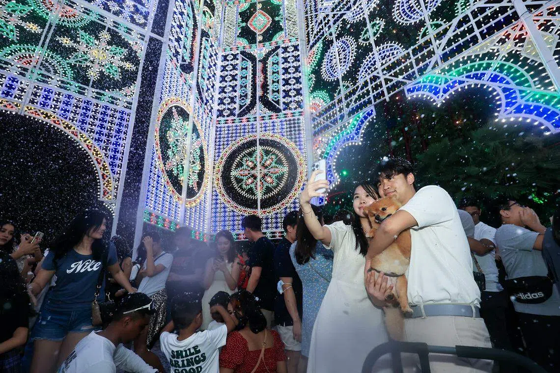 圣诞仙境（Christmas Wonderland）是新加坡最大的圣诞集市，每年都吸引许多访客在巨型灯具前合影留念。（吴先邦摄）