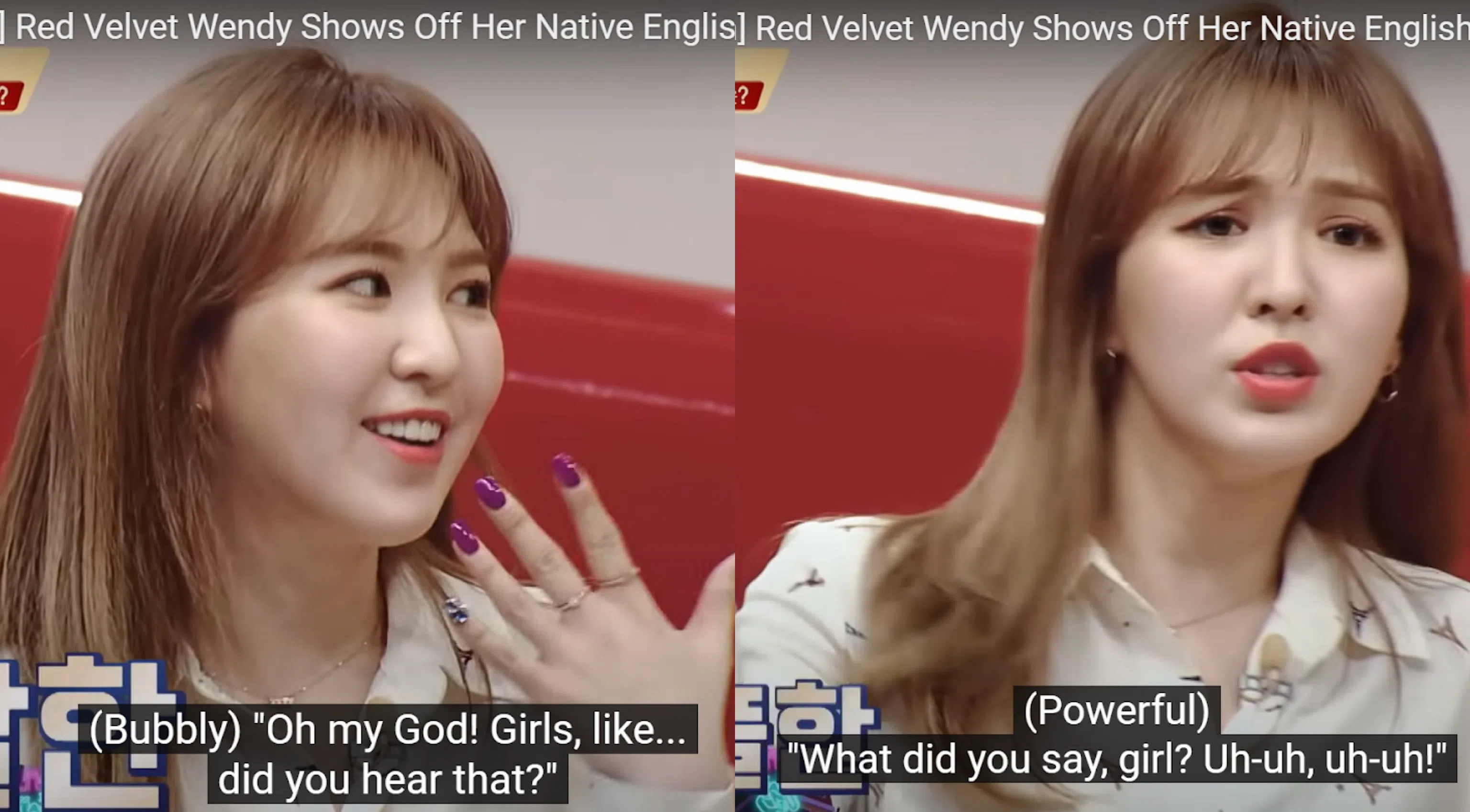 时隔四年，Wendy又在节目上模仿白人和黑人的口音，似乎在暗示白人更“活泼”，黑人更“强势”，再度被骂。（视频截图）