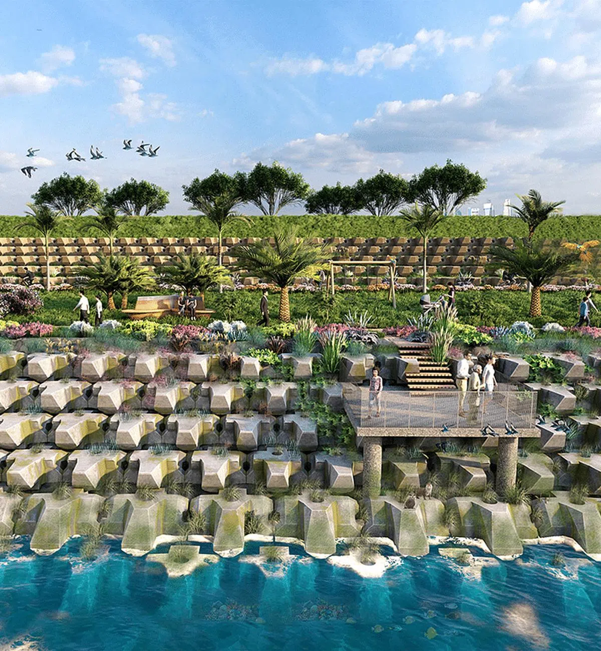 沿着海岸铺设的防护系统XblocPlus用地少，伸缩性大。（构想图/Delta Marine Consultant提供）