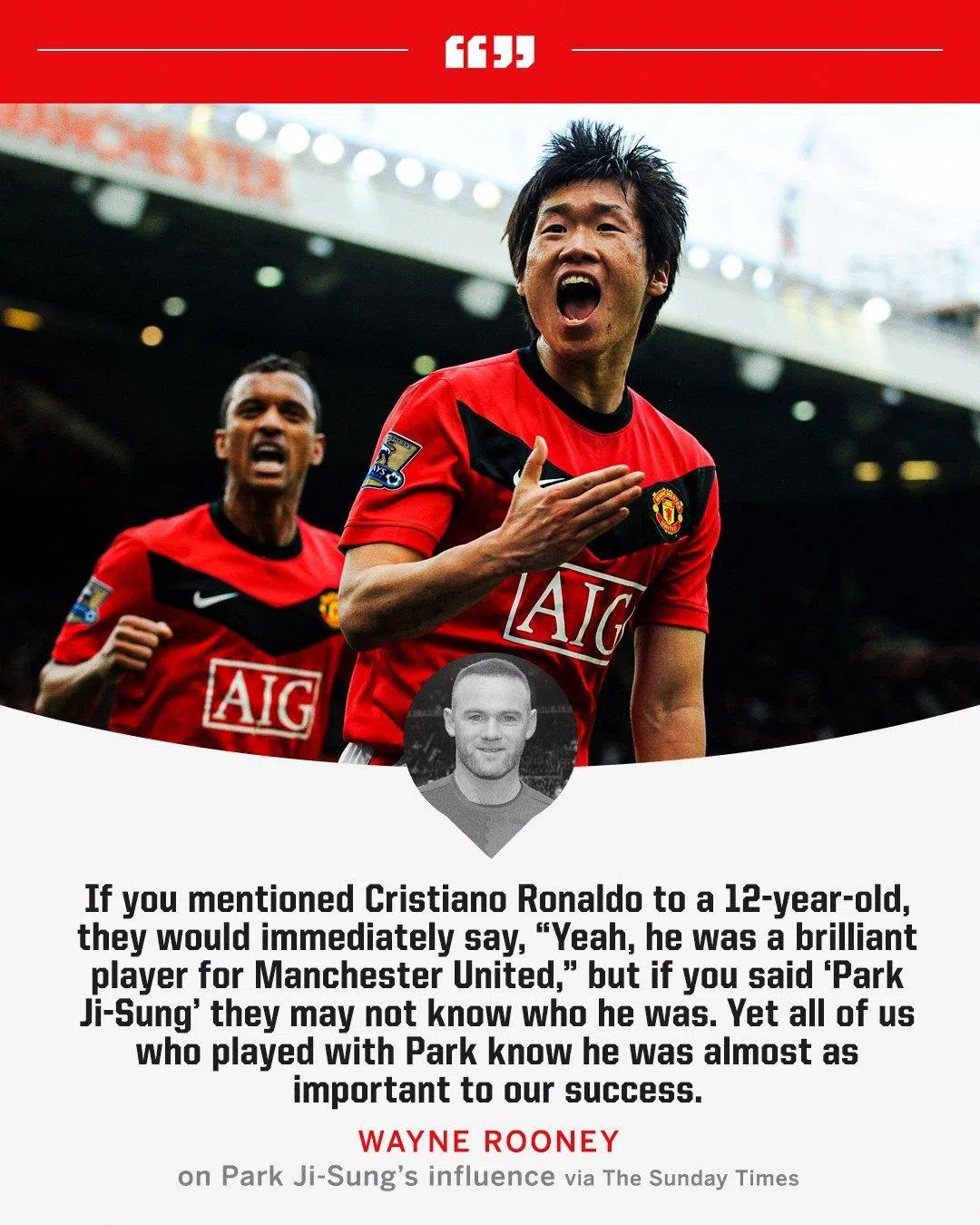 前曼联队友鲁尼曾对朴智星给出非常正面的评价。（互联网）