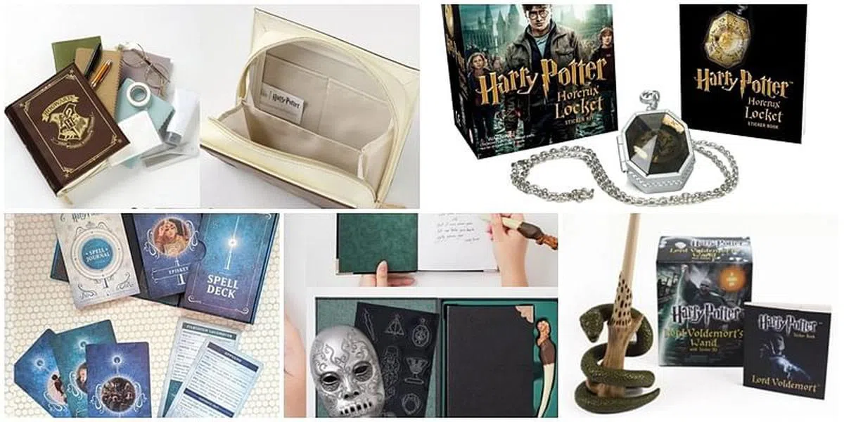 《哈利波特》周边产品：情报特刊（左上图）、Voldemort分灵体和贴纸书（右上图）、魔法咒语卡牌套装（左下图）、Voldemort迷珍藏套装（中下图）、Voldemort魔杖迷你版。（互联网）