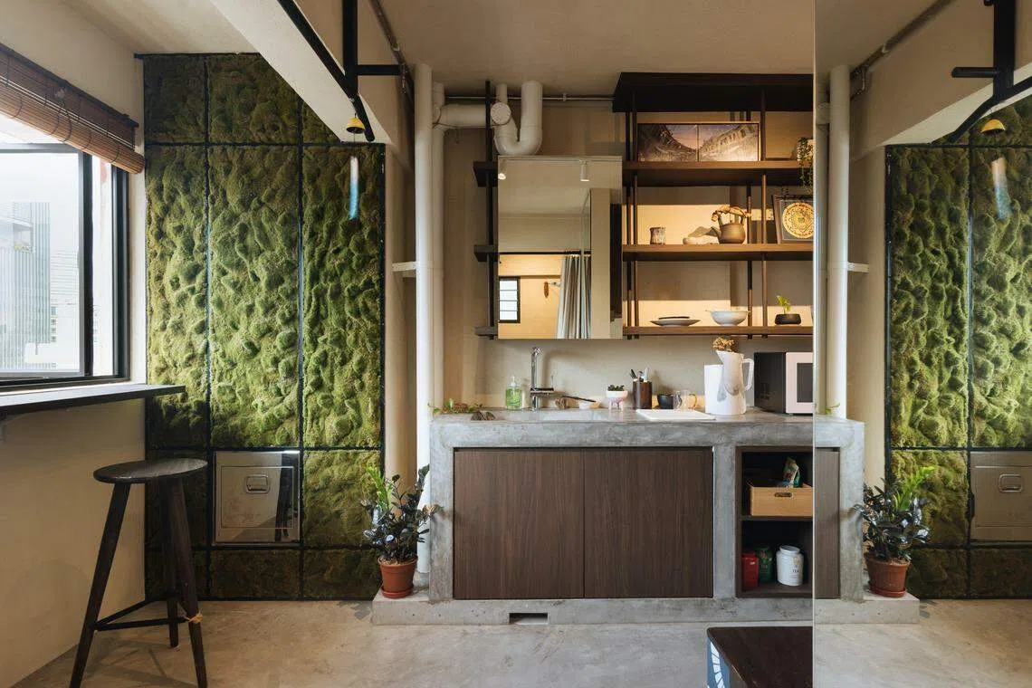 垃圾槽处有一堵用生长完好的苔藓制成的绿墙，非常独特。（PI Architects）