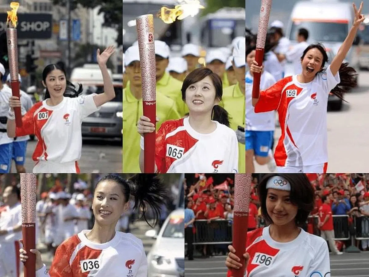 陈慧琳（上排左起）、张娜拉、莫文蔚、黄圣依（下排左起）、高圆圆充当北京奥运火炬手。（互联网）