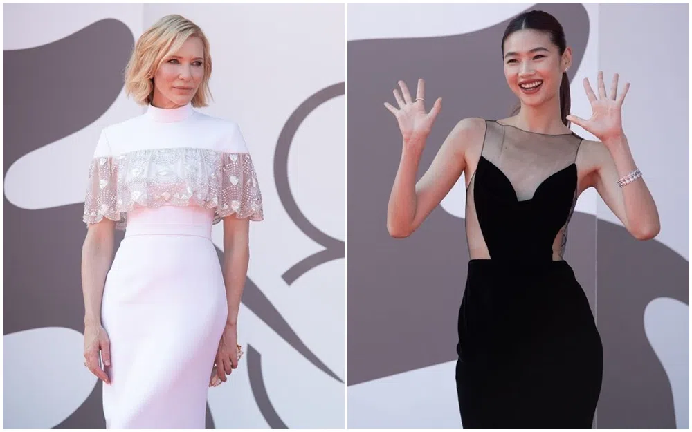 姬蒂班查（左图）与郑好娟（右图）以不同造型出席首映。（取自威尼斯影展IG）