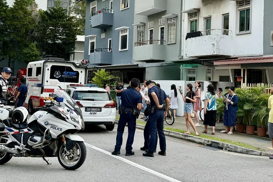 警方到场维持秩序，不少居民站在路旁围观。（曾美玲摄）