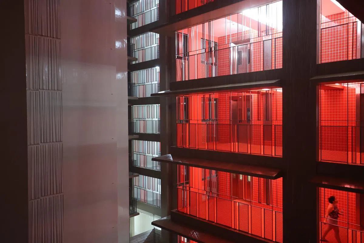 淡滨尼62街第640B座组屋的电梯入口处一眼望去宛如亮着红灯，有屋主说看起来像庙。（邝启聪摄）