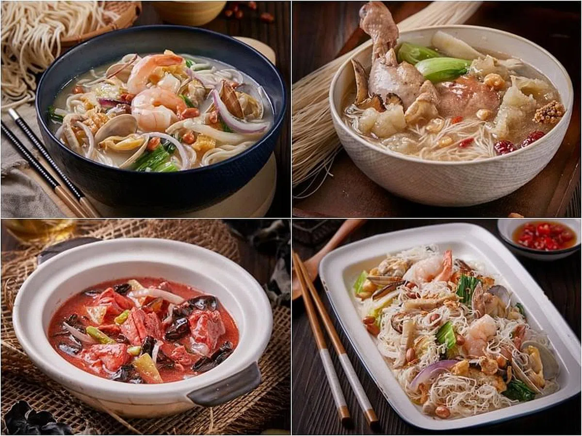 上排左起：莆田卤面、花胶鸡汤面线；下排左起：家乡红糟鸡、兴化炒米粉（图/泰和顺兴化家乡小厨提供）