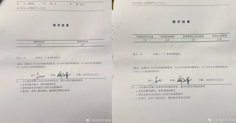 赵露思晒出心理测评报告。（取自赵露思微博）