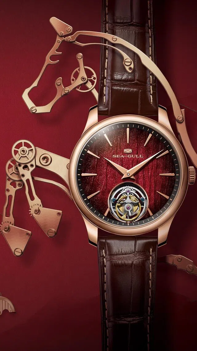 海鸥“超薄自动陀飞轮腕表”马年限定款，以渐变绯红呈现赤色云纹，表盘纹理借鉴古琴意象。（海鸥提供）