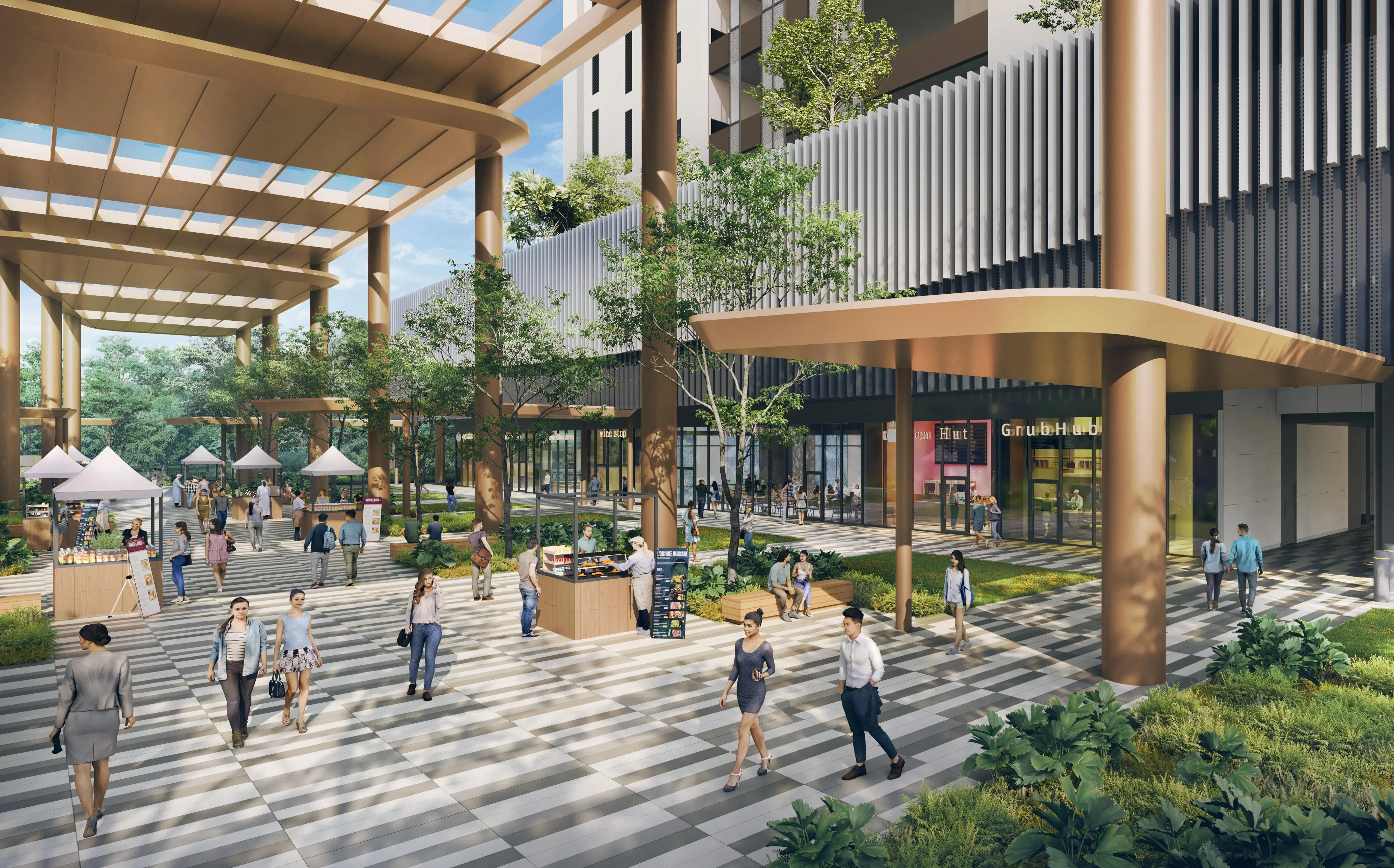 Gourmet Xchange充满活力的中央广场，是社交、用餐和举办活动的社区空间。（凯德发展提供设计构想图）