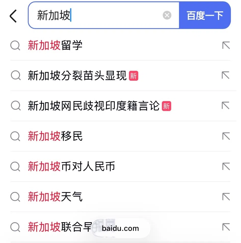 在搜索引擎百度输入“新加坡”，推荐词条中便自动出现“新加坡出现分裂苗头”等字眼。（搜索截图）