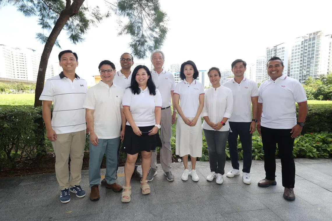 人民行动党新面孔吴培铭（左一）、符策翔（左二）和李乃怡（右三），与榜鹅西区议员孙雪玲（右四），以及白沙—榜鹅集选区议员（左三起）普杰立医生、杨涴淩、张志贤、陈国明和沙礼尔，一同出席星展集团在榜鹅举办的“邻里焕新计划”嘉年华会。（郑一鸣）