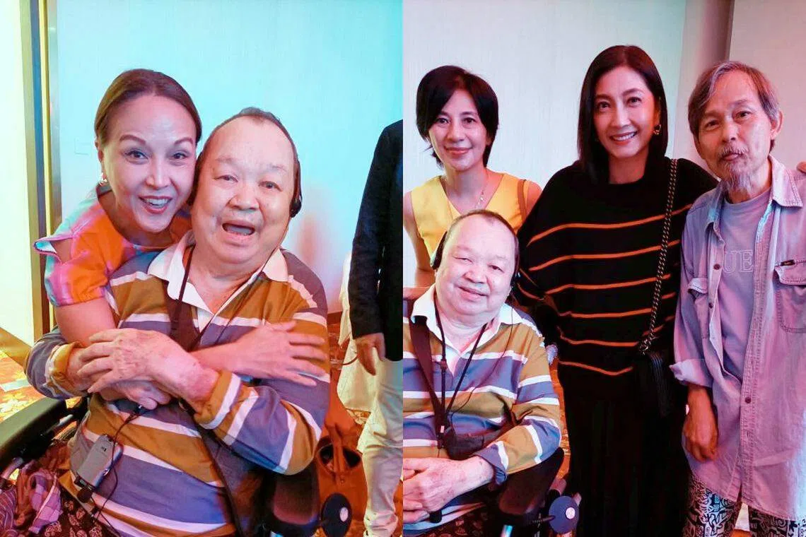 陈丽贞（左图后者）、何永芳（右图后排左起）、黄碧仁和段伟明在管雪梅的生日宴上与唐琥合影。（取自管雪梅脸书）