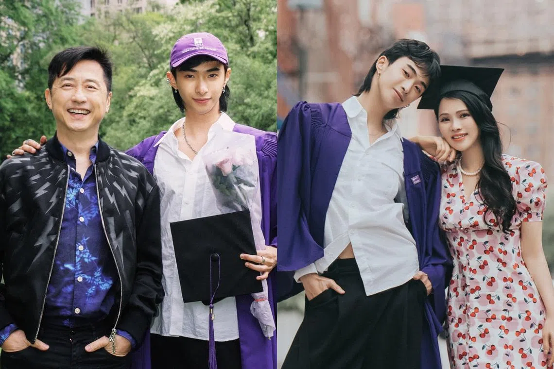 小哈利（左图右，右图左）分享父母庾澄庆（左图左）和伊能静（右图右）离婚后的生活。（取自庾恩利微博）