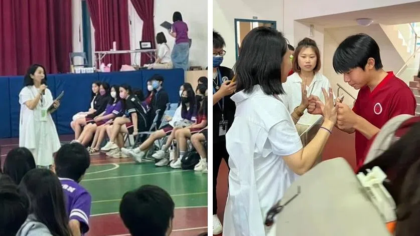 陶晶莹（左图）到儿子学校演讲，儿子小龙（右图右）样貌曝光，网民看了直说“李李仁基因太强”。（互联网）