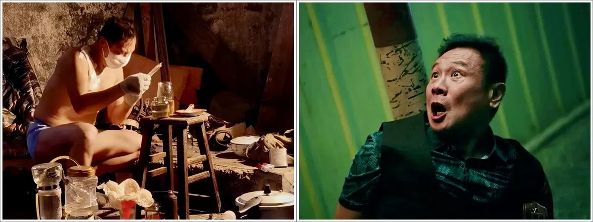 台湾演员张世将老鬼（右）演绎得淋漓尽致，戏内他被秦昊救下后，脱剩四角裤“示范”如何制毒（左）。（取自剧集微博、互联网）