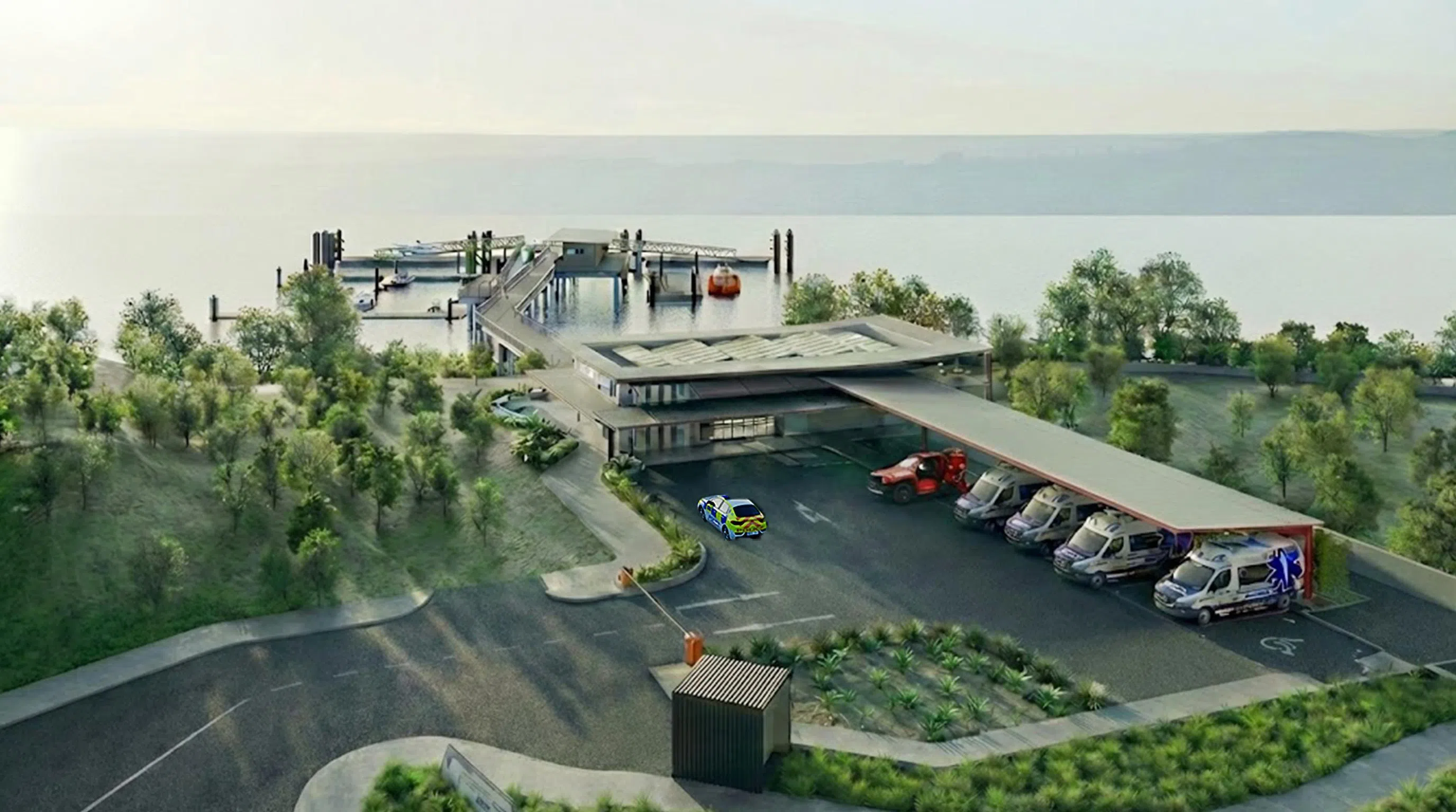 榜鹅海事消防站坐落榜鹅北岸，集海、陆应急能力于一体。消防站的陆上救援配备包括一辆轻型消防车、消防电单车以及救护车；海上救援配备则有迅速反应消防船艇，能执行榜鹅海岸及东柔佛海峡的救援行动。（新加坡民防部队提供）