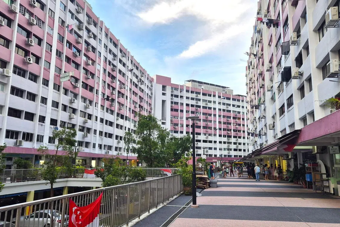 坐在女皇路第3和第4座组屋二楼活动平台，蓝天白云映衬组屋，构成赏心悦目的城市风景。（陈爱薇摄 ）