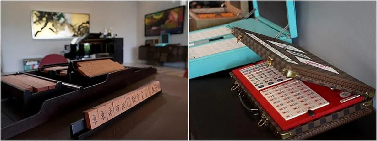 爱马仕的皮革木质麻将牌和麻将桌（左图），以及路易威登和蒂芙尼的麻将牌是豪宅内随时引起话题的摆设。（龙国雄摄）