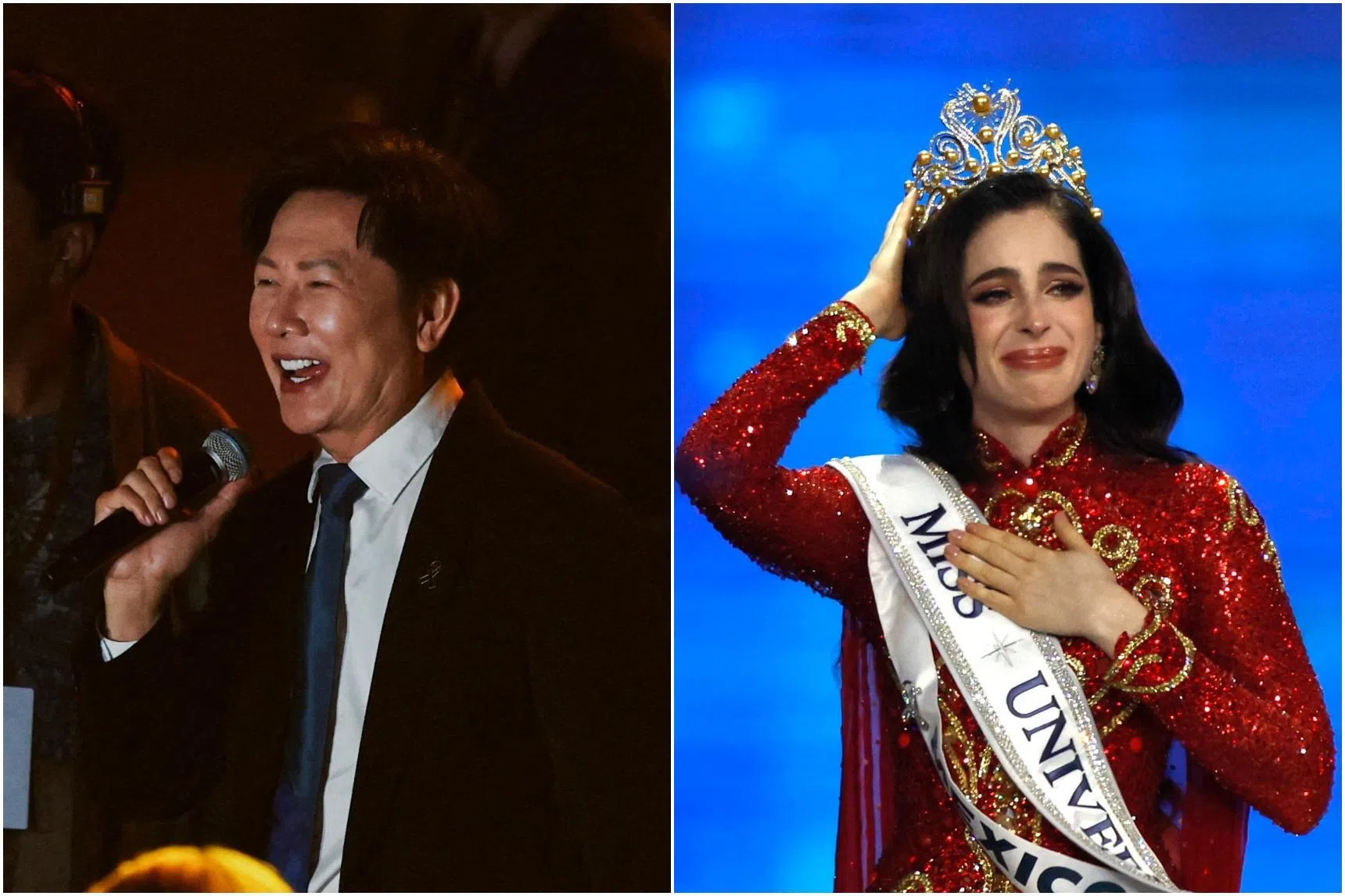 去年在曼谷举行的环球小姐选美总决赛，爆发数起涉及泰国娱乐界名人纳瓦特（左）的争议。几名佳丽包括最终的总冠军、墨西哥环球小姐博什（Fatima Bosch）指他在赛事期间涉嫌语言暴力。