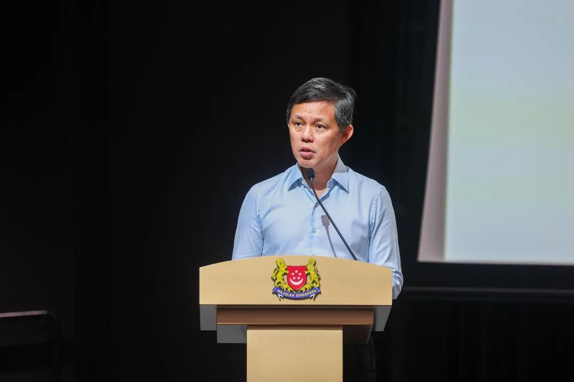 公共服务统筹部长兼国防部长陈振声在IGNITE创新座谈会上致辞时说，武装部队须推演新的情境、预想尚未出现的威胁，以及发展出让对手意想不到的新作战概念。（吴先邦摄）