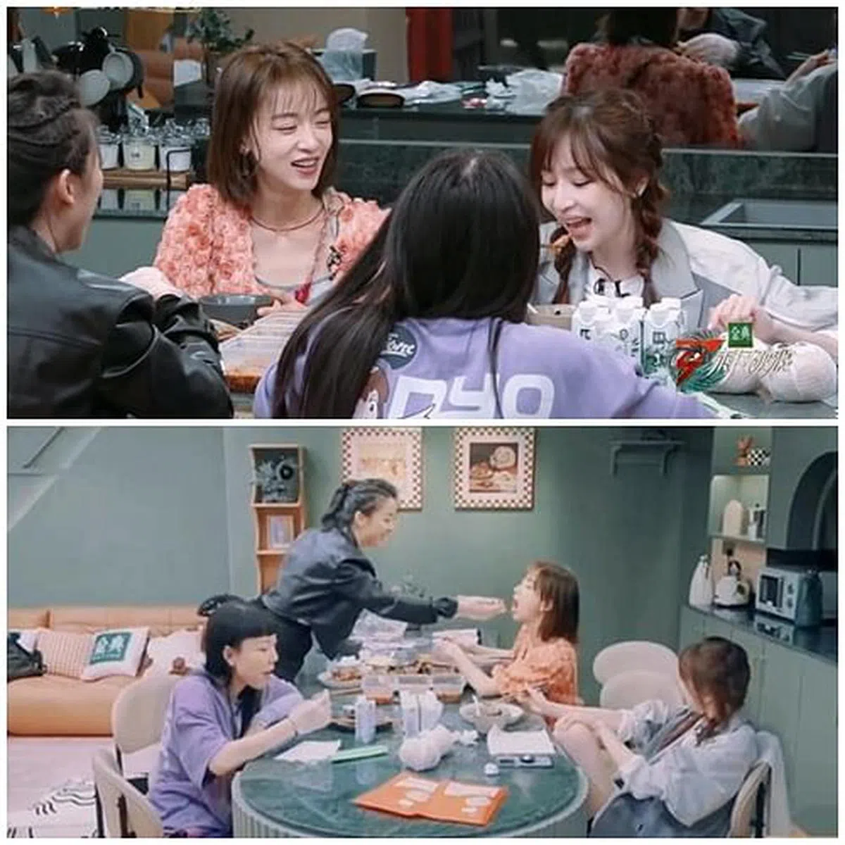 吴谨言（上图左二）替王心凌（右一）挡兔脑；吴莫愁（下图左起）、黄小蕾、吴谨言、王心凌共进晚餐，因兔脑引起话题。（视频截图）