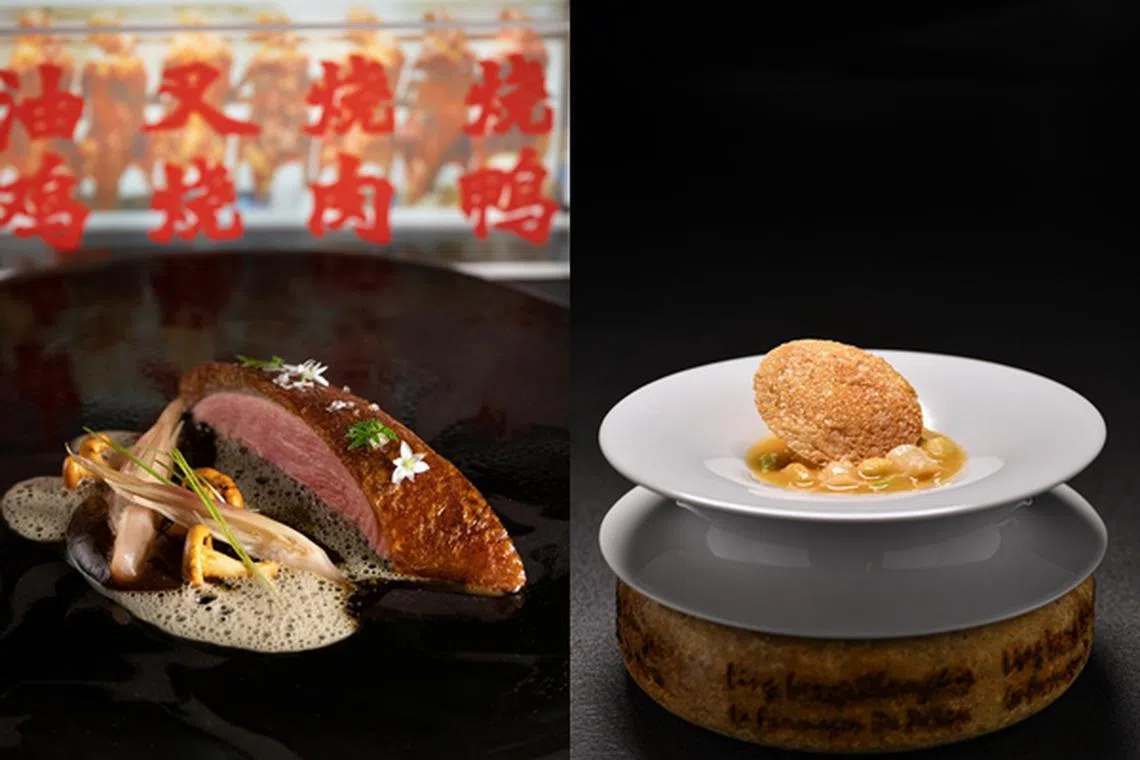 刘禾森诠释的新中餐，食材组合也具新鲜感，比如湖州白羽鸭（左）以镇江醋提味、花胶搭配帕玛森乳酪（右）。（餐馆提供）