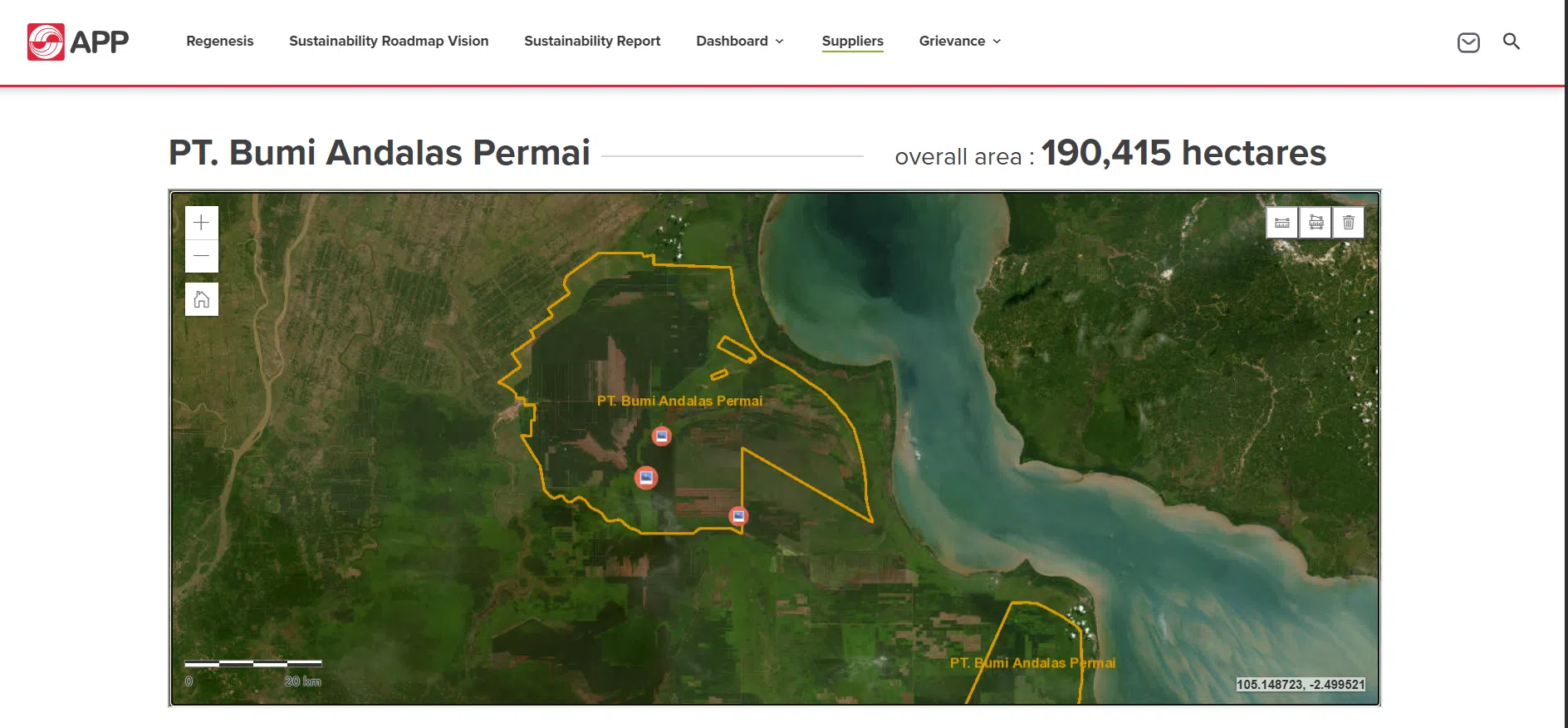 PT Bumi Andalas Permai的工业人工林总面积约为19万零415公顷。（亚洲纸浆纸品公司官网）