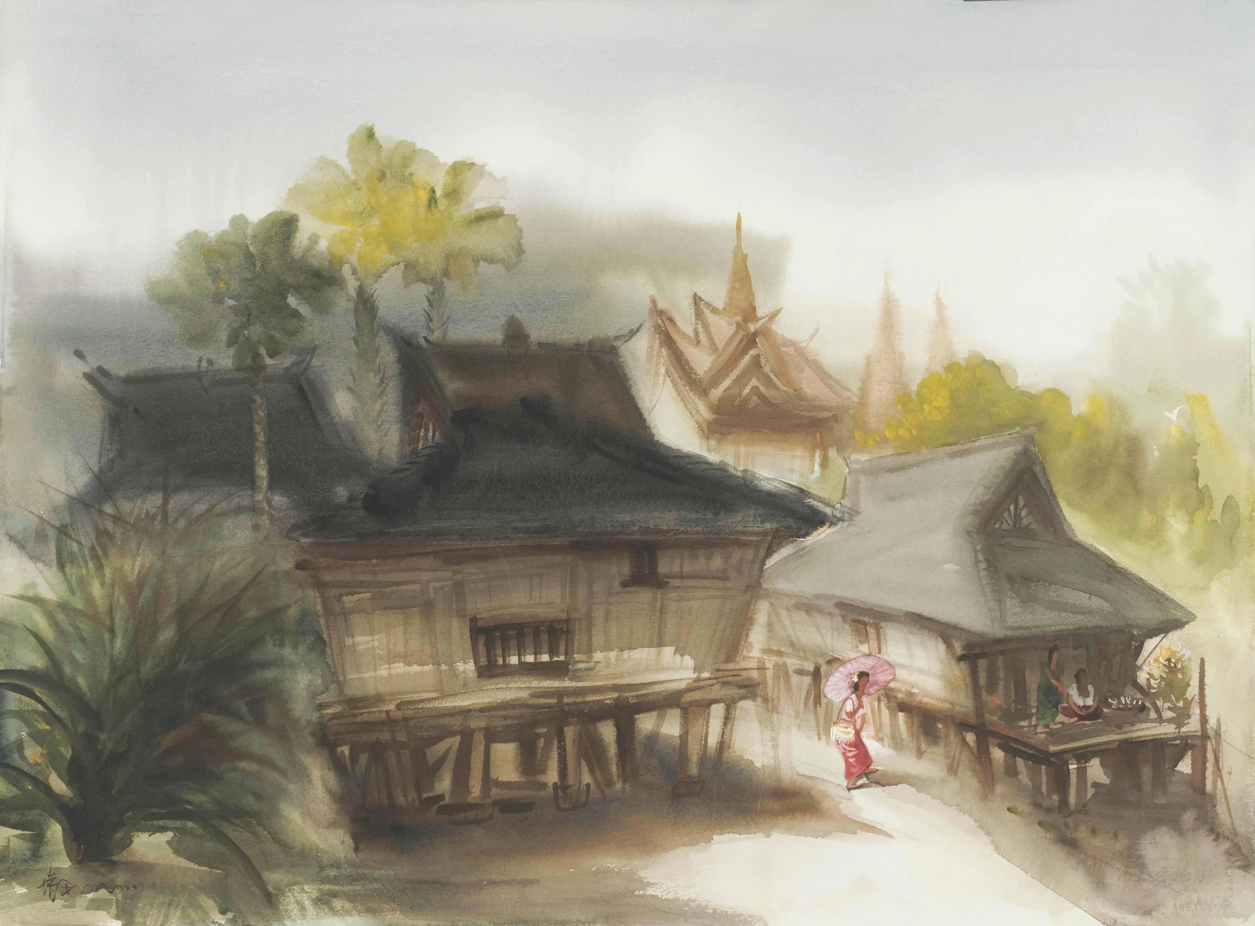刘培和水彩画《西双版纳傣寨》（2016）。（受访者提供）