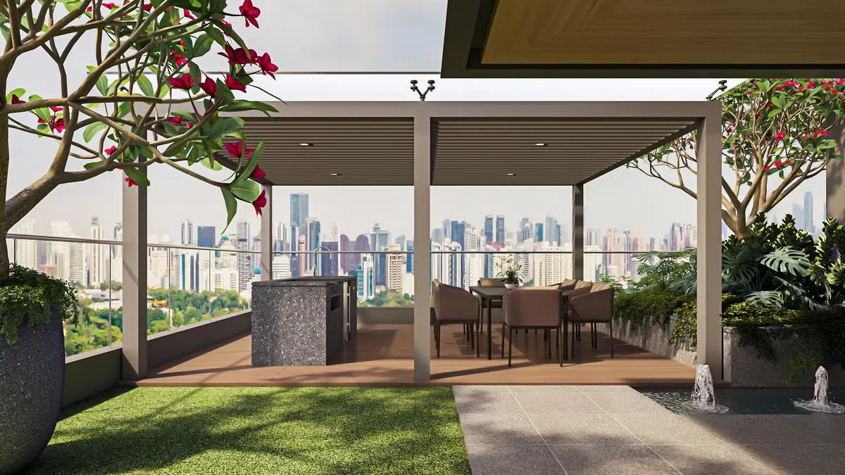 屋顶露天平台设有两个户外用餐区，可以举办私人派对，邀请亲朋戚友在潺潺水声中，享受美味的烧烤食物。（图/商家提供）