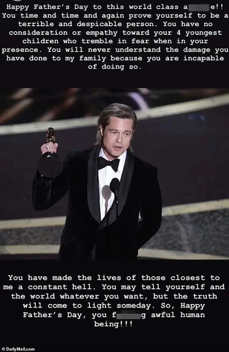 布莱德毕特在2020年遭越南养子帕辛在社媒上公开大骂他是“世界级混蛋”，让毕特情绪低落。（互联网）