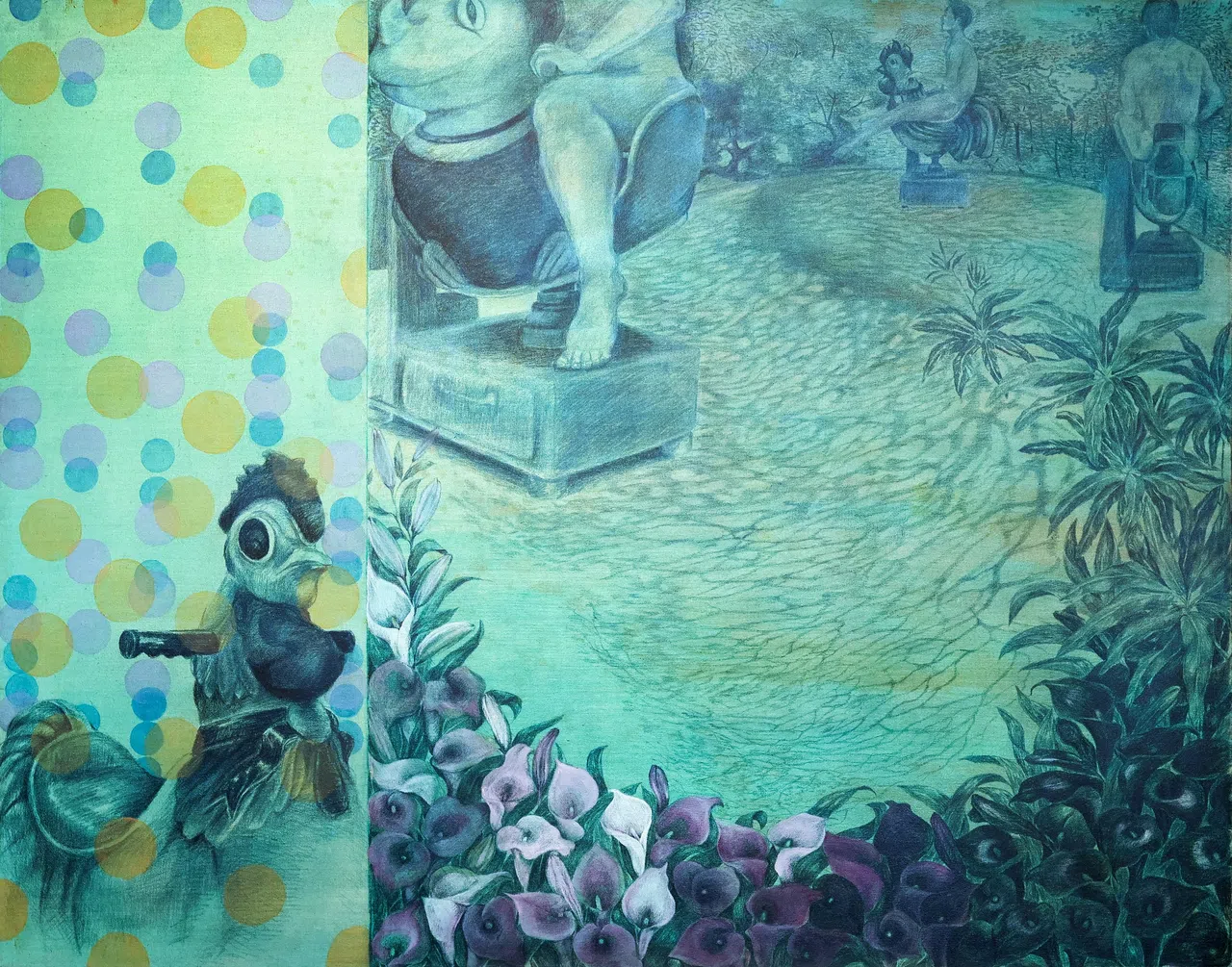 陈德耀结合油画与炭笔素描，涂层绿色的画作。（龙国雄摄）