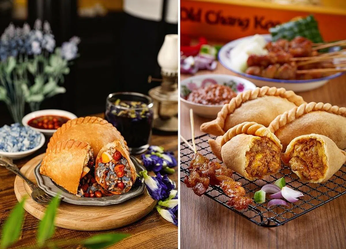 老曾记不时推出季节性炸角类食品，如蝶豆花椰浆饭角（左）和鸡肉沙爹角。（老曾记提供）