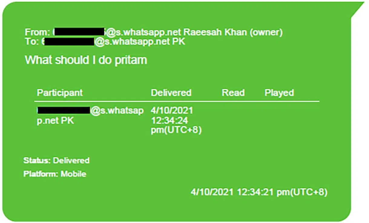 控方指出，辣玉莎再次撒谎前，发手机短信给当时也在国会的毕丹星问：“我应该怎么做，毕丹？”（总检察署提供）