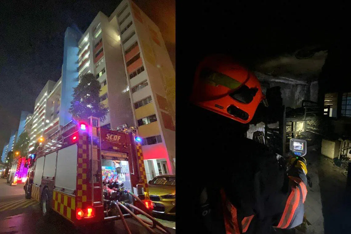 左图：义顺环路第783座组屋一个12楼单位星期六（6月10日）晚上发生大火。右图：民防部队人员事后进入单位内调查。（取自民防部队脸书）