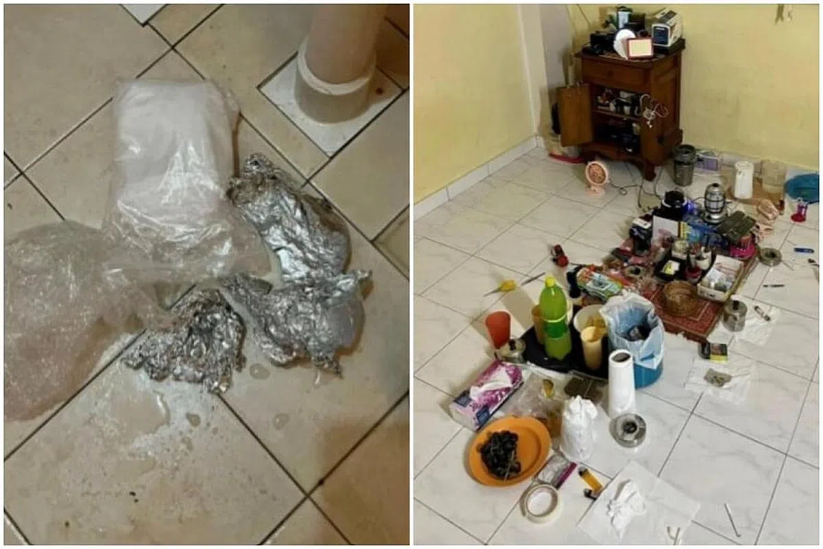 肃毒员7月4日突击惹兰红山一个组屋单位时，在单位地板上发现各种吸毒用具（右图），也在单位厕所的马桶和排水管内（左图），起获多包冰毒。（中央肃毒局提供）